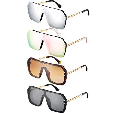 Imagem de Weewooday 4 pares de óculos de sol siameses espelhados, de topo plano, clássicos, estilosos, sem aro para mulheres e homens, Armação dourada e preta, approx. 5.63 inch/ 14.3 cm