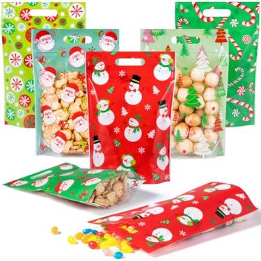 Imagem de Denwiller Pacote com 60 sacos Ziplock de Natal com alças, sacos de guloseimas de Natal autovedantes, conjunto de embrulho de biscoito de boneco de neve de inverno para suprimentos de festa de Natal (5