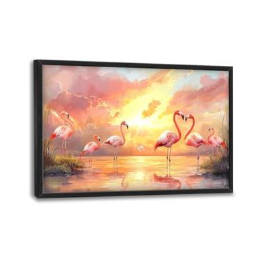 Imagem de Arte de parede flamingo grande para sala de estar, moldura grande pôr do sol lago decoração de parede paisagem pintura em tela imagens arte moderna para sala de estar banheiro quarto escritório sala