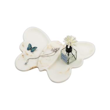 Imagem de Marmor Bandeja de banheiro de mármore natural real para perfume, velas, vaidade de pedra de joias, organizador de balcão de banheiro e cozinha e decoração de casa (placa de grade borboleta de mármore