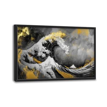 Imagem de Olivine Arte de parede grande japonesa, decoração de parede com imagens do oceano, pintura The Great Wave, impressões em tela de onda preta e dourada, arte emoldurada para sala de jantar, sala de