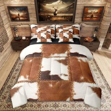 Imagem de Jogo de cama casal com estampa de vaca em uma bolsa, 7 peças, marrom retrô, couro bovino, vintage, vida selvagem ocidental, para crianças, meninos e mulheres