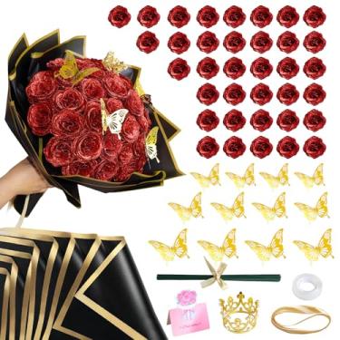 Imagem de Pacote com 36 buquê de rosas com glitter vermelho - DIY buquê de rosas artificiais flores brilhantes falsas com hastes floral eterna para elegância, buquê de casamento, aniversário, formatura, dia dos