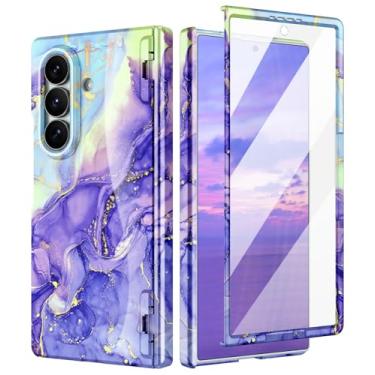 Imagem de Btscase Capa para Samsung Galaxy Z Fold 7, protetor de tela frontal integrado, padrão de mármore com glitter dourado, capa protetora contra quedas de corpo inteiro, fina, à prova de choque, para