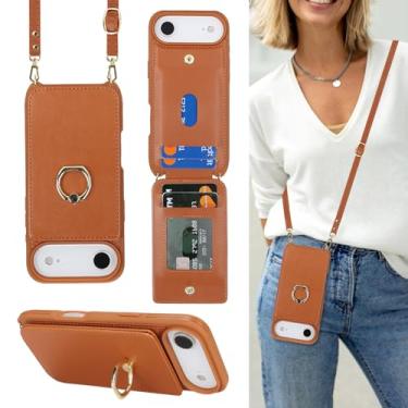 Imagem de Lipvina Capa para iPhone 17 Air com suporte para cartão e alça para mulheres, cordão transversal, suporte de anel, fecho de pressão, capas de carteira de telefone fofas de 6,6 polegadas (marrom)