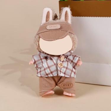 Imagem de Compatível com Labubu (sem boneca) - Roupa xadrez esportiva marrom (chapéu + jaqueta xadrez + calça colete) para bonecas de pelúcia de 15 cm/17 cm, acessórios de roupas de boneca (marrom)