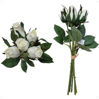 Imagem de Buquê de Mini Botão de Rosas Artificial Premium – Kit com 2 Arranjos Decorativos Realistas para Casa, Casamento e Festas(Branco)