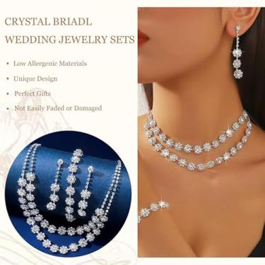 Imagem de Conjuntos de joias de casamento de prata para noivas, colar de strass, brincos e pulseiras, acessórios de vestido de convidada, joias de noiva, formal, casamento, formatura, festas, presentes de Natal