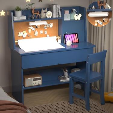 Imagem de RUPOLX Conjunto de mesa e cadeira de estudo infantil azul de madeira com luz, dispensador de rolo de papel e 2 gavetas, mesa infantil com gaiola e prateleiras, mesa de estudo de meninas para quarto de