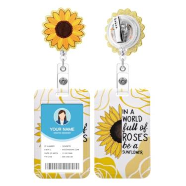 Imagem de Soleebee Porta-crachá de identificação com carretel retrátil, lindo molinete de acrílico para crachá de girassóis dourados com suporte para cartão, clipe de crachá com clipe de jacaré giratório de 360