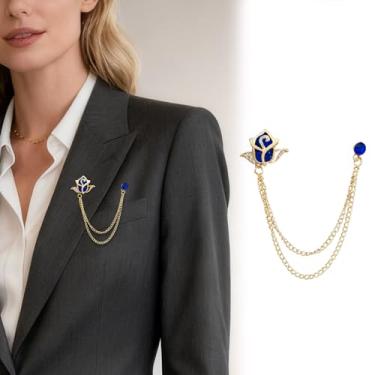 Imagem de Corrente banhada a ouro prata cristal rosa broches colar pinos strass com corrente pendurada terno camisa broche lapela broche jóias moda para homens mulheres, Medium, Cristal, Cristal