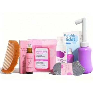 Imagem de SOFTCA Kit de recuperação de 6 peças essenciais para trabalho de parto e pós-parto, inclui pente de parto, óleo de sálvia, frasco peri, 24 forros de almofada, espuma calmante perineal, meias, bolsa