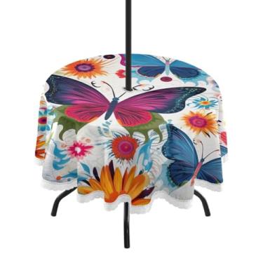 Imagem de ATTX Toalha de mesa redonda colorida borboletas ao ar livre – 152 cm, impermeável, à prova de derramamento, uso interno/externo, com orifício para guarda-chuva com zíper para acampamento, piquenique