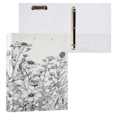 Imagem de ATTX Fichário com 3 anéis de flores pretas e brancas, 3 cm para papel tamanho carta, 21,6 cm x 28 cm, fichários com três anéis com prancheta para material de escritório #560