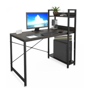 Imagem de Mesa de computador com estante, mesa de estudo de escrita para escritório em casa, estação de trabalho simples moderna com prateleiras de armazenamento para pequenos espaços. As divisórias podem ser