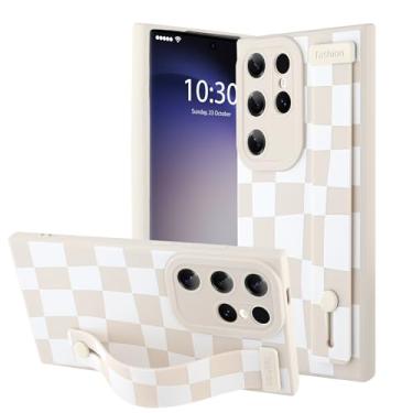 Imagem de OOK Capa de telefone compatível com Samsung Galaxy S23 Ultra silicone com alça, padrão xadrez moderno para mulheres e meninas, alça de dedo ajustável, capa protetora fina, xadrez branca