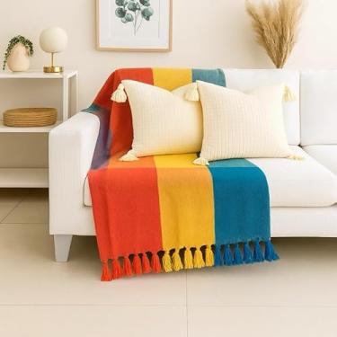 Imagem de Manta Capa para Sofá Gigante XGG 240x180 cm - 100% Algodão, Com Franjas, Proteção e Decoração Luxuosa para Sofá de Casal ou 3 Lugares (Xadrez colorido)