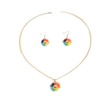 Imagem de Conjunto de colar com pingente de flor sorridente arco-íris e brincos de acrílico colorido Y2K joias divertidas hippie presente estético