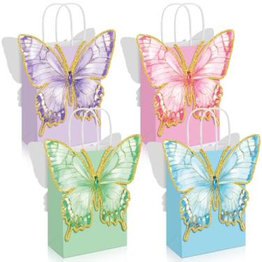 Imagem de Booson 24 peças de sacos de festa de papel borboleta com alças torcidas azul rosa roxo verde bolsa de lembrancinha de festa com pontos adesivos, sacos de guloseimas de papel para presentes de