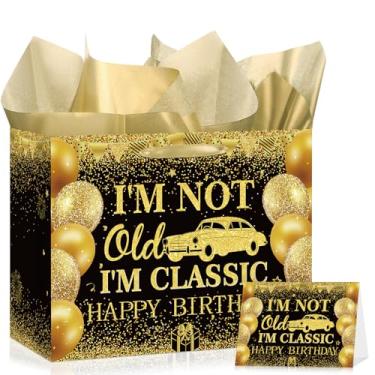 Imagem de LUUFILx Bolsa de presente de aniversário de ouro preto para mulheres e homens, papel de embrulho de carro vintage com papel de seda cartão de felicitações clássico para aposentadoria de carro, sacos