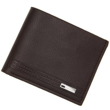 Imagem de Carteira de couro masculina elegante e conveniente com janela para identidade e bolso para dinheiro, carteiras pequenas e ultrafinas com várias dobras para cartões, Cor café profunda, Tendência