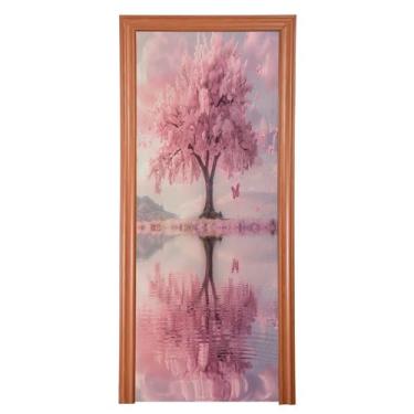 Imagem de CEBUGI 89 x 200 cm Capa de porta da frente de árvore de cerejeira removível lavável para decoração de casa de festas de fim de ano