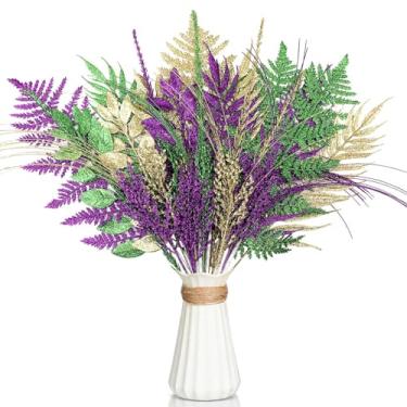 Imagem de Motionchic 50 palhetas e sprays de árvore de Natal, galhos de pinheiro com glitter, hastes de ramo com glitter para decoração de guirlanda de vaso de Natal (verde, roxo, dourado)