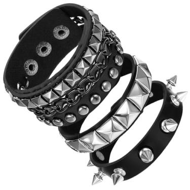 Imagem de FNANJWQ Conjunto de pulseiras cravejadas punk rock, pulseiras de couro pontiagudas para mulheres e homens anos 80, acessórios góticos ajustáveis emo, One Size, liga de zinco, poliuretano, Sem Pedra