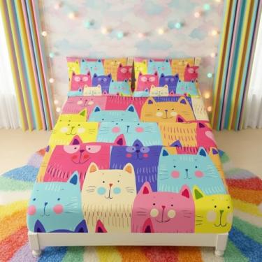 Imagem de QOOMO Jogo de lençol infantil de desenho animado de gato, com estampa de animal fofo, leve para todas as estações, conjunto de cores para decoração de quarto, tamanho Queen, 1 lençol com elástico, 1