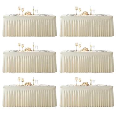 Imagem de Pacote com 6 toalhas de mesa de elastano bege de 2,4 m para mesas retangulares, bege, retangular, sem rugas, toalha de mesa elástica com saia para festa de casamento, aniversário, banquete, chá de