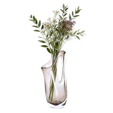 Imagem de Vaso de vidro soprado de 32 cm H para flor, vaso decorativo abstrato de vidro, peça central ombré, para sala de estar, mesa de jantar, grama dos pampas, flores secas, flores e botões (marrom