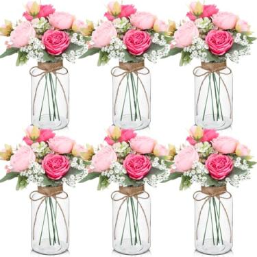 Imagem de Zeyune 6 conjuntos de vasos de vidro vintage com peônia artificial, buquês de flores, centro de mesa, decoração de casa de fazenda para casamento, arranjo floral, festa, decoração de mesa de casa