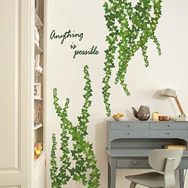 Imagem de Decalques de parede de videira verde pendurados, decoração de arte de flores com folhas de plantas naturais com adesivos de pássaros e borboletas, adesivo de vinil à prova d'água, sala de estar quarto