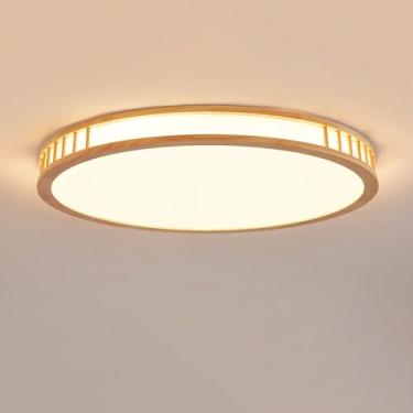 Imagem de Luminária de teto LED com acabamento em madeira, luz quente 3000K, design nórdico plano e redondo, ideal para sala de estar, quarto, cozinha, restaurante, corredor, iluminação interna de 60