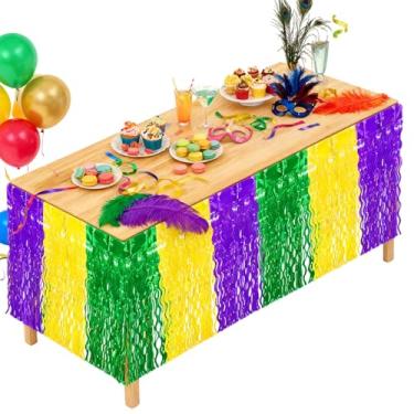 Imagem de SXoonKing Decorações de carnaval – Pacote com 2 saias de mesa onduladas metálicas com franjas para mesas retangulares e redondas, saia de mesa de carnaval para decoração de festa verde, roxa e dourada