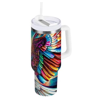 Imagem de ODAWA Copo de café grande para viagem com alça e tampa de palha, copo colorido à prova de vazamento de animais de aço inoxidável isolado a vácuo