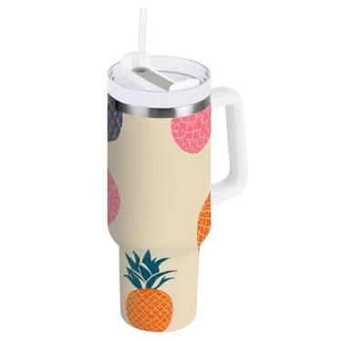 Imagem de ODAWA Caneca isolada bege de abacaxi de 1,134 g com tampa e canudo, copo com isolamento duplo