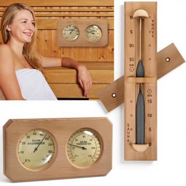 Imagem de Tellegloww Conjunto de termômetro e higrômetro de sauna 2 em 1 de 2 peças e temporizador de sauna Fahrenheit e Celsius feito à mão de madeira de cedro vermelho canadense
