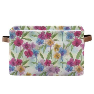 Imagem de Cesta de armazenamento de 36 cm com alças – Caixas de armazenamento retangulares dobráveis decorativas para escritório em casa, quarto, flor de orquídea vintage, 1 pacote