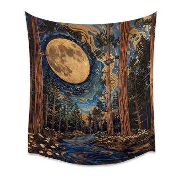 Imagem de Tapeçaria Lua Cheia Floresta Rio Paisagem Noturna Floresta Paisagem Parede Paisagem Natureza Estética Rústica Quarto Sala de Estar Cabana Dormitório Apartamento Decoração de Casa Presente Branco 127 x