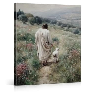 Imagem de Impressão de arte de parede cristã Bom Pastor Religioso Jesus e Cordeiro Pintura em Tela Arte Vintage Decoração de Parede para Casa Fazenda Igreja 20x25 Emoldurado