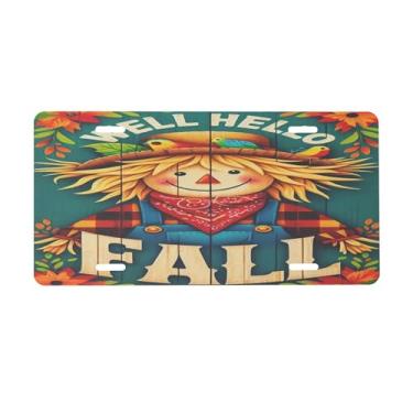 Imagem de Placa de licença de madeira de outono espantalho para placas dianteiras de carro alumínio metal adequado para caminhão placa de porta de carro bar café acessórios automotivos para homens mulheres 15 x