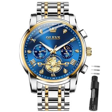 Imagem de OLEVS Relógios masculinos de luxo de aço inoxidável, relógio social fácil de ler, mostrador grande, cronógrafo, casual, analógico, números romanos, reloj para hombre, Pulseira dourada e prata face