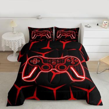 Imagem de Feelyou Jogo de cama para jogadores, solteiro, para crianças, adolescentes e adultos, conjunto de edredom geométrico, gamepad, vermelho, decoração de quarto, 2 peças com 1 fronha