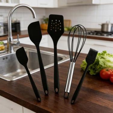 Imagem de Conjunto de 5 espátulas de borracha, raspador de tigela de silicone e colher de espátula plana para cozinha, utensílios de cozinha flexíveis resistentes ao calor (preto)