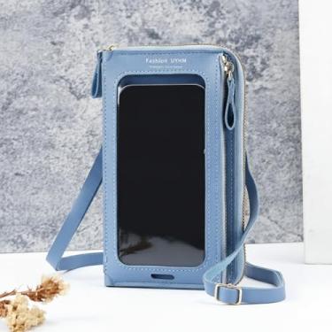 Imagem de Carteira feminina de couro genuíno com dobra dupla/tripla - Suporte minimalista para cartão de crédito com bloqueio de RFID e bolso para moedas, Azul, Casual