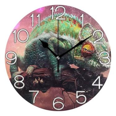 Imagem de GAIGEO Relógio de parede decorativo analógico funky alimentado por bateria relógio de escritório cozinha, arte de parede boêmio, decoração de casa, animal verde colorido, 25 cm, ponteiros pretos