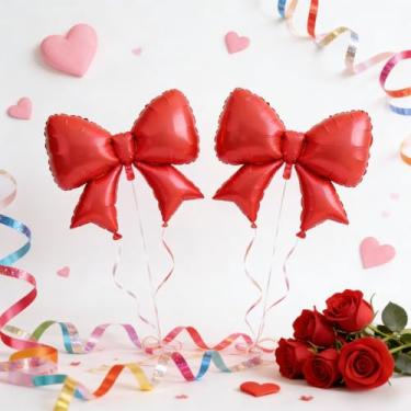 Imagem de 2 balões de laço vermelho brilhante, decoração de festa elegante para o dia dos namorados, aniversário, casamento, noivado, ideal para fotos de pano de fundo, arranjos de centros de mesa, enfeites de