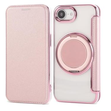 Imagem de Capa carteira para iPhone 16e com 3 compartimentos para cartão, bloqueio RFID, suporte de anel giratório de 360° e compatibilidade magnética, capa traseira transparente à prova de choque, suporta