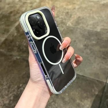 Imagem de Capa magnética transparente com alça de pulso para iPhone 14, 15, 16 Plus, 11, 12, 13, 16 Pro Max, capa protetora transparente com carregamento e à prova de choque, amarela, para iPhone 13 ProMax